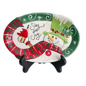 Fitz and Floyd Christmas Snowman Oval Canape/Dessert Plate-Sing with Joy EUC 10"